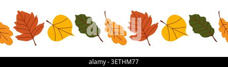Nahtloser Randstreifen aus gelben und herbstlichen Blättern Linde, Weißdorn, Eiche, Buche. Vektorabbildung Stock Vektor