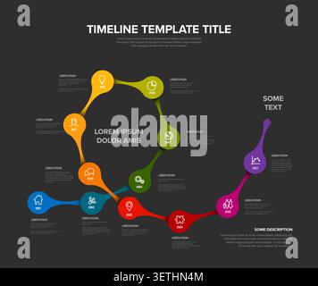 Mit dieser farbenfrohen Vorlage für geschäftliche Zeitpläne können Sie eine geschäftliche Zeitachse oder eine geschäftliche Roadmap visualisieren. Verwenden Sie diese professionelle Infografik zur Darstellung Stock Vektor