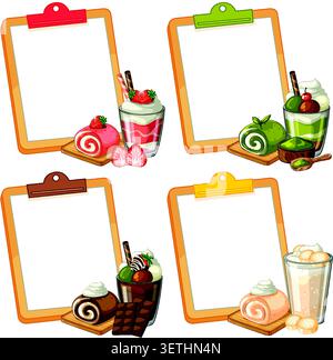 Vektor-Illustration von bunten Klemmbrettern gepaart mit Erdbeeren, Matcha, Schokolade und Vanillegeschmack Desserts Stock Vektor