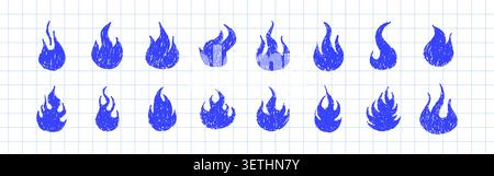 Buntstift Feuer. Pinsel Doodle Illustration mit blauen Flammen und Wachs Textur. Scribble-Form oder Aufkleber-Symbol. Kreidecollage. Grunge-Vektor-Retro-Elemente Stock Vektor