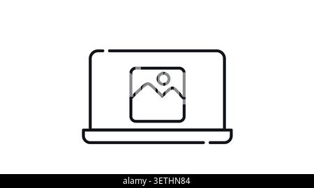 Laptop mit Bildsymbol auf dem Bildschirm: Tragbarer Notebook-Computer mit digitaler Fotografie, Tapetengalerie und Grafikdesign, minimalistisches Schwarz Stock Vektor