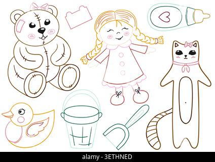 Niedliches Set von Vektor-Kinderspielzeug, einschließlich Plüschbär, Stoffpuppe, Katze und Sandeimer, mit farbigen Umrissen für Kinderzimmer-Dekor und verspieltem Etat Stock Vektor