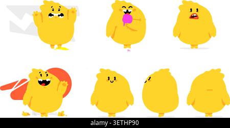 Niedliches gelbes Monster-Charakter Emotionen und Posen Aufkleber Set. Lustige Zeichentrick-Küken-Maskottchen-Vektor-Illustration für Kinderdesign, UI Avatar, Gesicht Stock Vektor