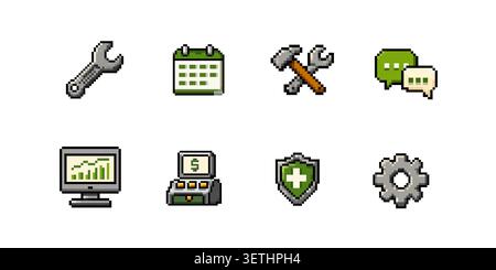 Pixel-Symbole mit Tools Kalenderanalyse Kommunikation Verkaufssicherheit und Einstellungselemente im Retro-Spielstil Stock Vektor