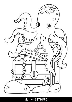 Ausmalseite für Kinder mit Schatzkiste und Oktopus Stock Vektor