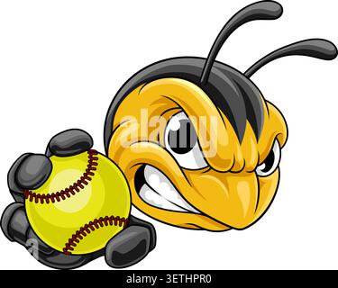 Eine Bienen-, Hornissen- oder Wespen-Insekten-Softball-Sportmannschaft, die einen Ball hält. Stock Vektor
