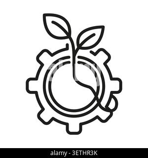 Das schwarze Vektorsymbol des Pflanzensprossen-Zahnrads verfügt über eine ökologische lineare Mechanik. Green Nature Engineering ergänzt das Wachstum der Umweltindustrie. Stock Vektor