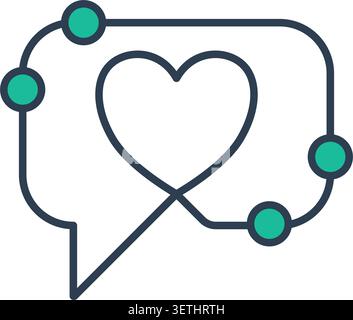Minimalistisches Line-Art-Symbol eines Herzens in einer Sprechblase mit verbundenen Knoten für Kommunikations- und Netzwerkkonzepte. Stock Vektor