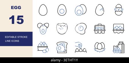 Ei, gebratenes Ei, gebrochenes Ei, Eierkarton und Frühstück Food Line Icons Set editierbare Strichvektor Illustration Stock Vektor