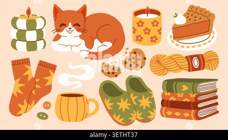 Gemütliche Herbsthygge-Lifestyle-Vektorelemente mit einer schlafenden Katze, heißem Becher, Socken, Kerzen und Büchern. Flache, warme und bequeme Illustrationen für den Herbst Stock Vektor