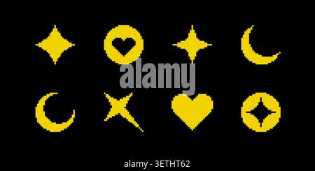 Set aus geometrischen Formen und abstrakten Masken im Retro-Pixeldesign. Minimale 8-Bit-Rahmen und Designelemente isoliert auf Hintergrund. Stock Vektor