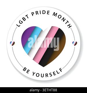 Abstraktes Herz in Farben der Stolz-Flagge mit abgerundetem Aufkleber auf weißem Hintergrund. Rainbow Community Poster für den LGBT History Month. Stolz-Monat Stock Vektor