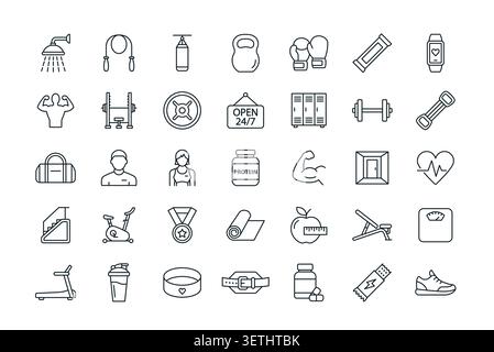 Sportsymbole im Fitnessstudio. Übung Gesundheit Diät Fit Gewicht Piktogramm Set. Fitness Training Muskel Lifestyle Übersicht Stock Vektor