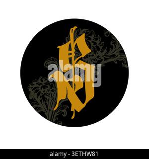 Goldenes gotisches Monogramm im altenglischen Schriftstil auf einem dunklen floralen Hintergrund. Elegantes Vektor-Logo für Tattoostudios, Bekleidungsmarken und Rockmusik Stock Vektor