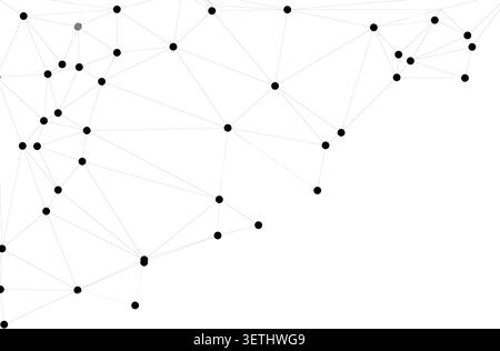 Einfarbiges geometrisches Design mit dicken schwarzen runden Punkten, verbunden mit dünnen grauen Linien, die ein dichtes Netz von Informationsknoten bilden, das für corpor geeignet ist Stock Vektor