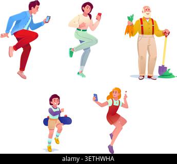 Vektor-Zeichentrick-Illustrationssatz einer glücklichen Mehrgenerationsfamilie. Verschiedene Charaktere, darunter Senioren-Gärtner, Teenager mit Smartphones und ein Stock Vektor