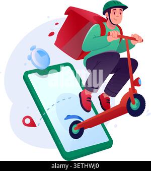 Liefermann reitet Roller aus Smartphone-Bildschirm-Vektor-Illustration. Kuriere, Fast Food-Lieferservice, Online-Tracking-Anwendung und Express Stock Vektor