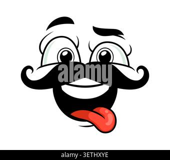 Verspieltes Gesichtsausdruck mit Schnurrbärten, Comic-Emoji, die weit lächeln und eine rote Zunge herausstechen. Comic-Charakter vermittelt freche, fröhliche Emotionen und Spaß für Avatare und humorvolle Chat-Kommunikation Stock Vektor