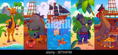 Cartoon-Tierpiraten und Korsair-Charaktere auf der Karibikinsel am Schiffsdeck mit Schatzkisten. Lustige Tierpiraten, Dinosaurierkapitän mit Nilpferdeboot und Haifischkorsair mit Giraffen-Kapitän Stock Vektor