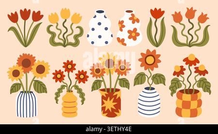 Boho-Herbstblumensträuße in Keramikvasen Vektorset. Flache Blumenarrangements mit Sonnenblumen, Tulpen und Gänseblümchen für gemütliche Wohnkultur und Herbstgrußkarten Stock Vektor