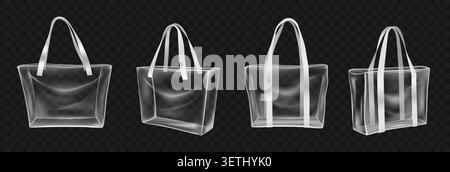 Transparente Tragetaschen mit weißen Griffen, realistische transparente PVC-Shopper-Modelle für Einzelhandelsverpackungen, Boutiquen, Strandreisen und Werbeartikel Stock Vektor