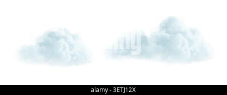 Realistische weiße Wolkenkollektion auf transparentem Hintergrund. Flauschige Himmelselemente für Wetterdesign. Weiche, lockere Atmosphäreeffekte im Vektorformat Stock Vektor