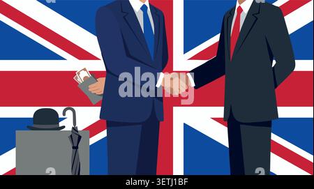 Zwei Geschäftsmänner in Anzügen schütteln die Hand, während einer einen Geldumschlag hinter seinem Rücken vor der britischen Flagge versteckt, die Bestechung darstellt Stock Vektor
