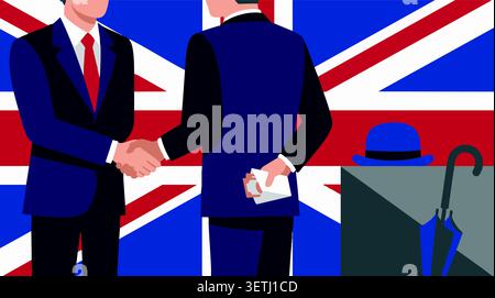 Zwei Geschäftsmänner in Anzügen schütteln die Hand, während einer einen Geldumschlag hinter seinem Rücken vor der britischen Flagge versteckt, die Bestechung darstellt Stock Vektor
