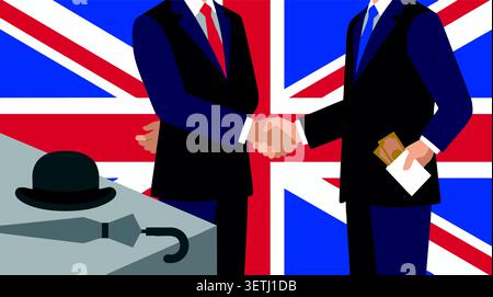 Zwei Geschäftsmänner in Anzügen schütteln die Hand, während einer einen Geldumschlag hinter seinem Rücken vor der britischen Flagge versteckt, die Bestechung darstellt Stock Vektor