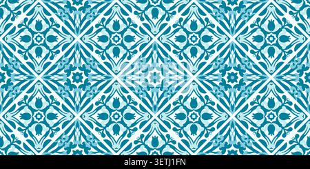 Nahtloses Muster aus mediterranen Fliesen mit blauem Keramikmosaik. Italienisches Zierdesign mit Blumenmotiven und geometrischen portugiesischen Azulejo-Elementen Stock Vektor