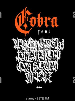 Gothic. Vektor. Groß- und Kleinbuchstaben auf schwarzem Hintergrund. Schöne und stilvolle Kalligraphie. Schöne europäische Schriftart für Tattoo. Mittelalterlich Stock Vektor
