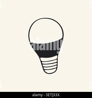 Handgezeichnete Vektordarstellung einer Standard-LED-Glühlampe. Einfache schwarz-weiße Kritzelung einer elektrischen Lampe zur Energieeinsparung, Ideenkonzept und Stock Vektor