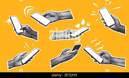 Hände, Die Smartphones Halten, Halbtoneinstellung Gelber Hintergrund Stock Vektor
