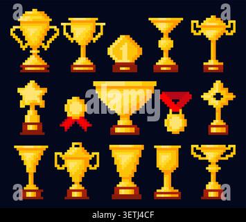 Goldene Trophäen im Pixelstil. Auszeichnungen für den Gewinner. Erste Medaillen. Siegesbecher oder Figuren. Arcade-Videospiel. Retro-Abzeichen der 1980er Jahre. Goldene Becher Stock Vektor