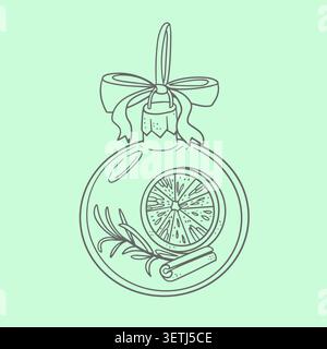 Weihnachtskugel Ornament mit Orangenscheibe Zimtstab Rosmarin Zweig Linie Kunst Vektor Illustration. Weihnachtsgestaltungselement für Grußkartenposter Stock Vektor