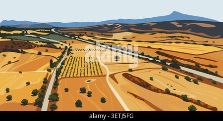 Vektor flache Karikaturillustration der ländlichen Landschaft mit gelben Feldern und Bergen. Herbst Natur Hand gezeichneter Hintergrund. Trendiges Design für die Landwirtschaft Stock Vektor