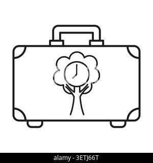Die Aktentasche mit dem Logo der Baumuhr symbolisiert die Zeit für Reisen und Wachstum. Das Symbol zeigt eine nachhaltige Geschäftsreise auf weißem Hintergrund. Vektor-EPS 10. Stock Vektor