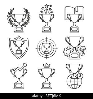 Trophäe Tasse schwarz Vektor-Symbol-Satz kennzeichnet Unternehmenserfolg. Die Achievement-Kollektion visualisiert moderne Premium-Siegerbelohnung. eps 10 Stock Vektor