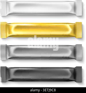 Verpackung für farbige Bonbons. Folie für Süßwaren. Weiße, goldene, silberne, schwarze Zuckerstangen. Realistisches Modell von Schokoriegel mit Meta Stock Vektor