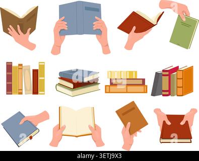 Hände, die offene und geschlossene Bücher halten. Stapel von Lehrbüchern aus verschiedenen Blickwinkeln. Menschen, die einen Roman und ein Lexikon lesen. Freizeit und Bildung. Literatur Stock Vektor