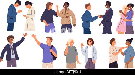 Begrüßungsgesten. Menschenkommunikation. Männer, die sich die Hände schütteln. Frauen, die mit den Händen winken. Freunde, die sich umarmen oder auf die Schultern klopfen. Partnerschaft und Geschäft Stock Vektor