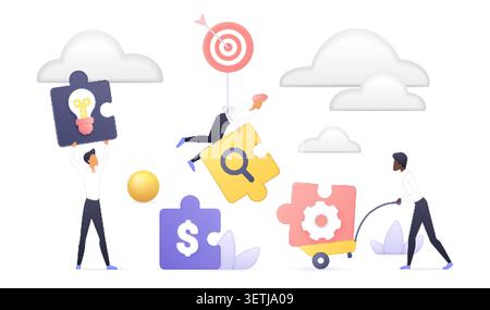 Teamwork-Konzept mit Menschen, die Puzzleteile, Glühbirne, Suchsymbol, Dollarzeichen und Ausrüstung auf ein Ziel hin bewegen, zeigt Strategie und Geschäftswachstum isoliert auf weißem Hintergrund Vektorillustration Stock Vektor