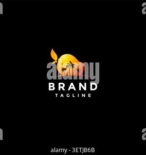 Beauty Golden Mango Beach Logo-Design. Silhouette von Kokosnussbaum und Vogel im Reifen goldenen Mango-Logo. Stock Vektor