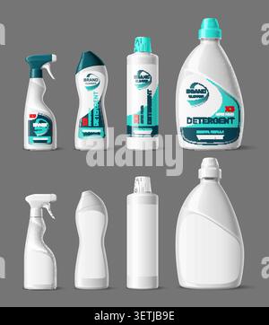 Waschmitteldesign. Realistische Reinigungsprodukte. Kunststoffverpackungen in verschiedenen Formen, sowohl unifarben als auch mit Vorlagen für Markenetiketten und Flaschenmockups. Stock Vektor