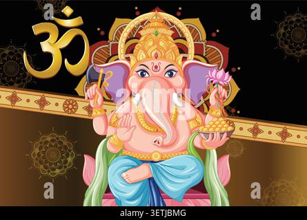 Bunte Vektor-Illustration von Ganesha sitzt auf einem Lotus mit goldenen Ornamenten und Mandalas. Stock Vektor