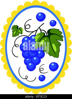 Flache Vektorgrafik von blauen Trauben und grünen Blättern innerhalb eines gelben gewellten Randes. Stock Vektor
