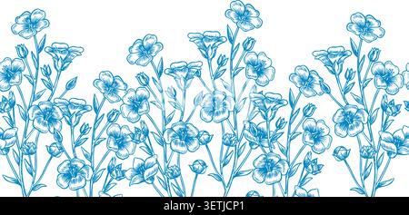 Nahtloses Randmuster mit blauen Leinenblumen. Grafiken, Vektoren und handgezeichnete Illustrationen. Perfekt für Etiketten und Verpackungen, Textilien und Dekor Stock Vektor