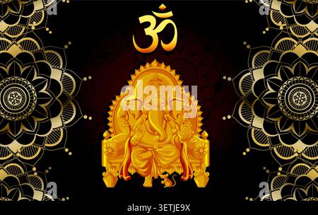 Elegante Vektor-Illustration der goldenen Ganesha Gottheit mit OM-Symbol und dekorativen Mandala-Grenzen. Stock Vektor