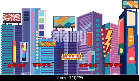 Flache Vektor-Illustration einer bunten Skyline der Metropole mit hellen Neonschildern und Werbetafeln. Stock Vektor