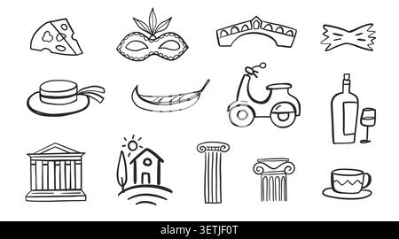 Italien Vektor-Icon Set mit venezianischer Maske, Gondel Stock Vektor